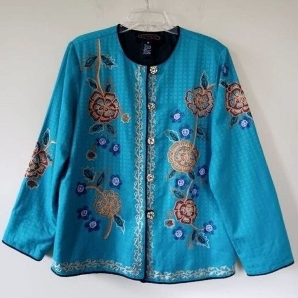 Artsy Boho Folk Cottage Blazer Sz M Embroidered Floral Turquoise Colorful Entice